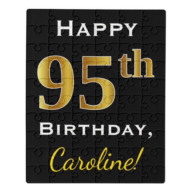 Black, Faux Gold 95th Birthday + Custom Name Jigsaw Puzzle (Puzzle Vertical)