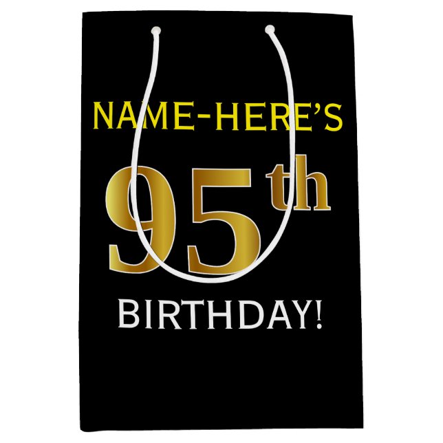 Black, Faux Gold 95th Birthday + Custom Name Medium Gift Bag (Front)