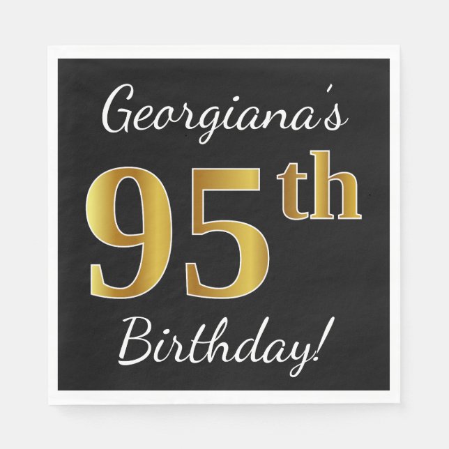 Black, Faux Gold 95th Birthday + Custom Name Paper Napkins (Front)