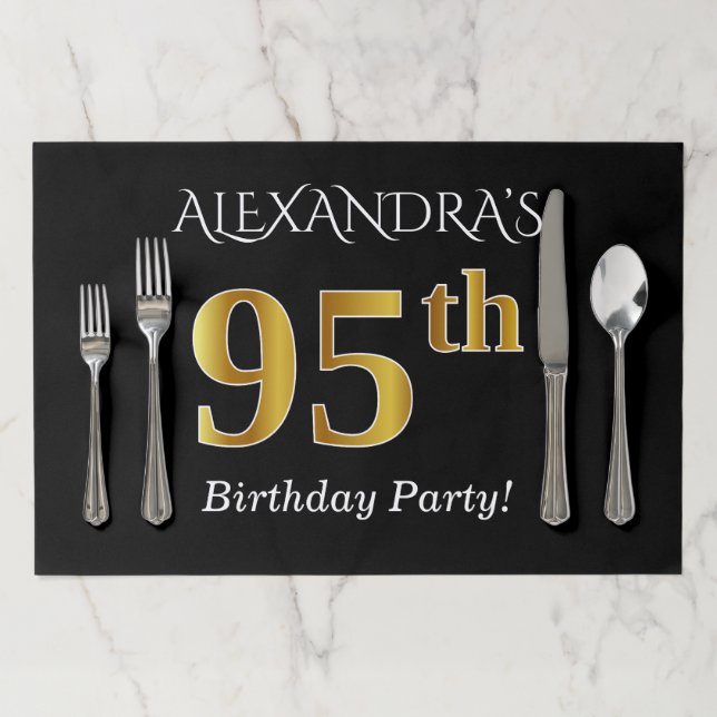 Black, Faux Gold 95th Birthday + Custom Name Paper Placemat (In Situ)