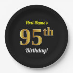 [ Thumbnail: Black, Faux Gold 95th Birthday + Custom Name Paper Plates ]