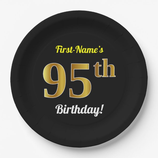 Black, Faux Gold 95th Birthday + Custom Name Paper Plates (Front)