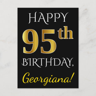 Black, Faux Gold 95th Birthday + Custom Name Postcard