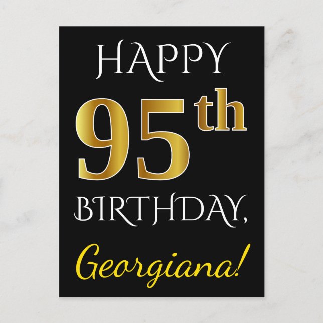 Black, Faux Gold 95th Birthday + Custom Name Postcard (Front)