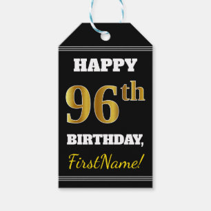 Black, Faux Gold 96th Birthday + Custom Name Gift Tags