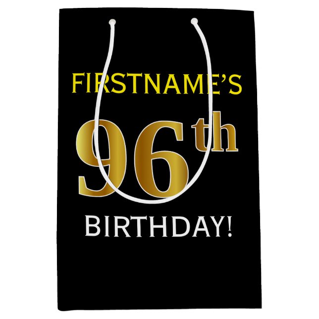 Black, Faux Gold 96th Birthday + Custom Name Medium Gift Bag (Front)