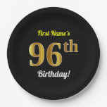 [ Thumbnail: Black, Faux Gold 96th Birthday + Custom Name Paper Plates ]