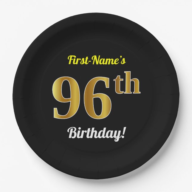 Black, Faux Gold 96th Birthday + Custom Name Paper Plates (Front)