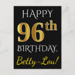 [ Thumbnail: Black, Faux Gold 96th Birthday + Custom Name Postcard ]