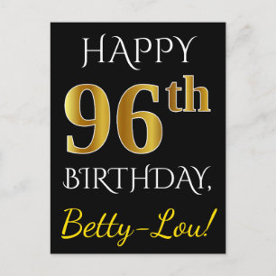 Black, Faux Gold 96th Birthday + Custom Name Postcard
