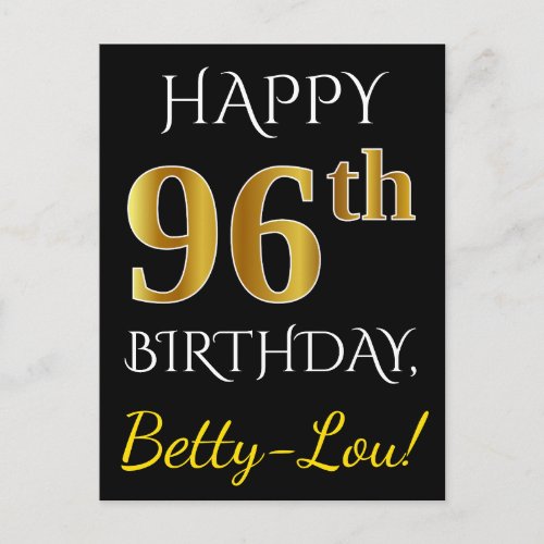 Black Faux Gold 96th Birthday  Custom Name Postcard