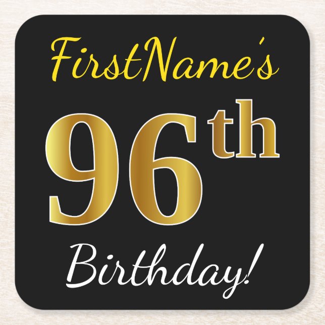 Black, Faux Gold 96th Birthday + Custom Name Square Paper Coaster (Front)