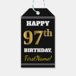[ Thumbnail: Black, Faux Gold 97th Birthday + Custom Name Gift Tags ]