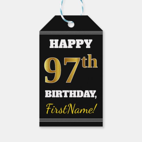 Black Faux Gold 97th Birthday  Custom Name Gift Tags