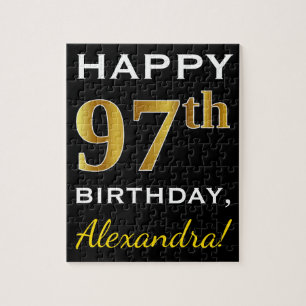 Black, Faux Gold 97th Birthday + Custom Name Jigsaw Puzzle