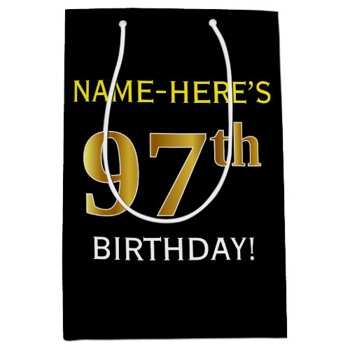 Black Faux Gold 97th Birthday  Custom Name Medium Gift Bag