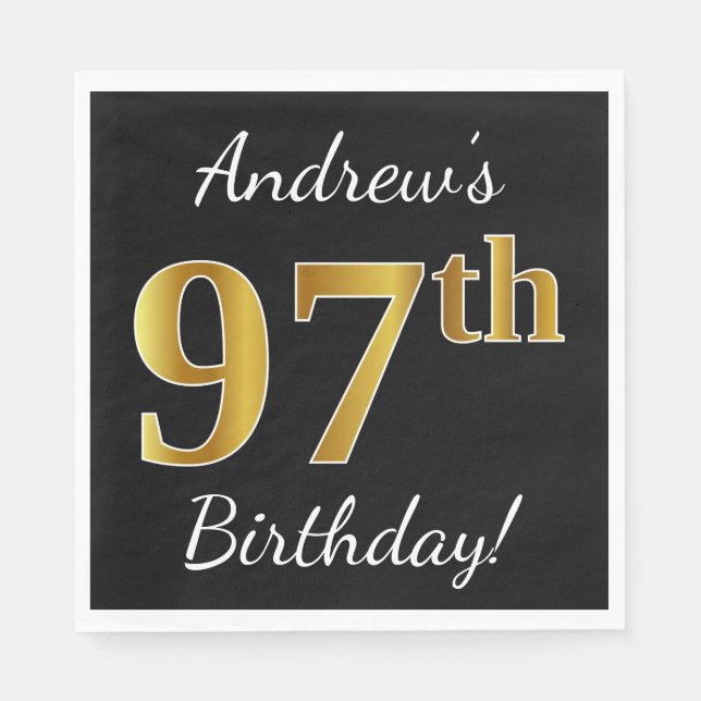 Black, Faux Gold 97th Birthday + Custom Name Paper Napkins (Front)