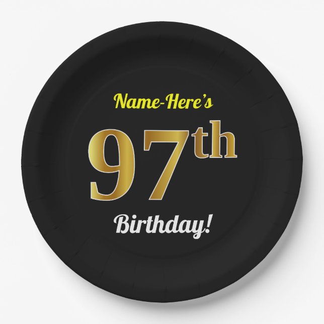 Black, Faux Gold 97th Birthday + Custom Name Paper Plates (Front)