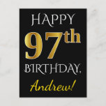 [ Thumbnail: Black, Faux Gold 97th Birthday + Custom Name Postcard ]