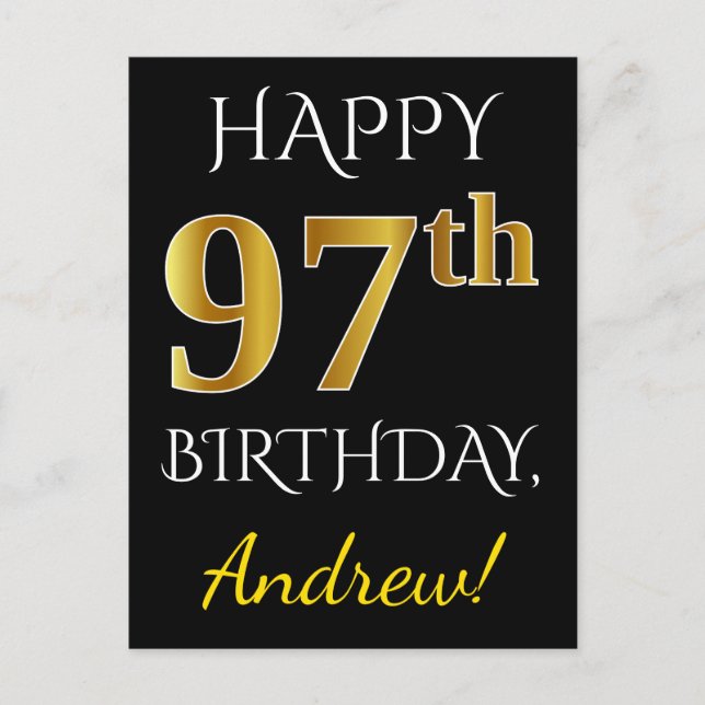 Black, Faux Gold 97th Birthday + Custom Name Postcard (Front)