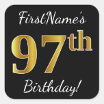 [ Thumbnail: Black, Faux Gold 97th Birthday + Custom Name Sticker ]