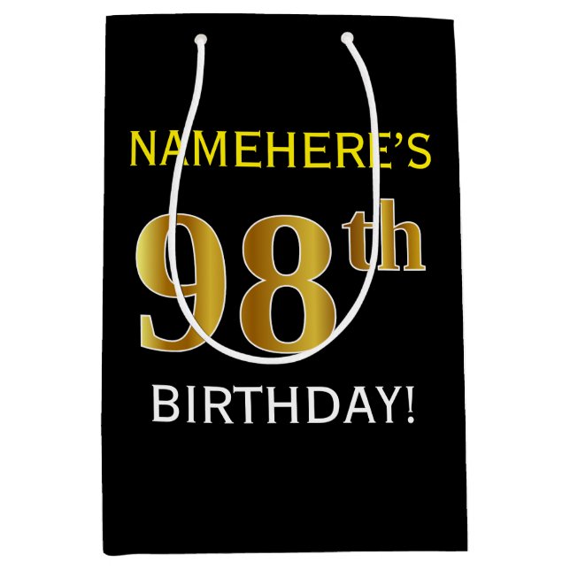 Black, Faux Gold 98th Birthday + Custom Name Medium Gift Bag (Front)