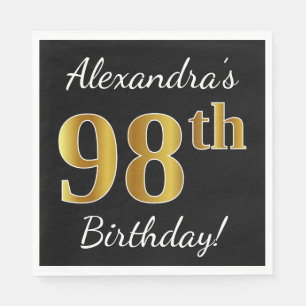 Black, Faux Gold 98th Birthday + Custom Name Paper Napkins