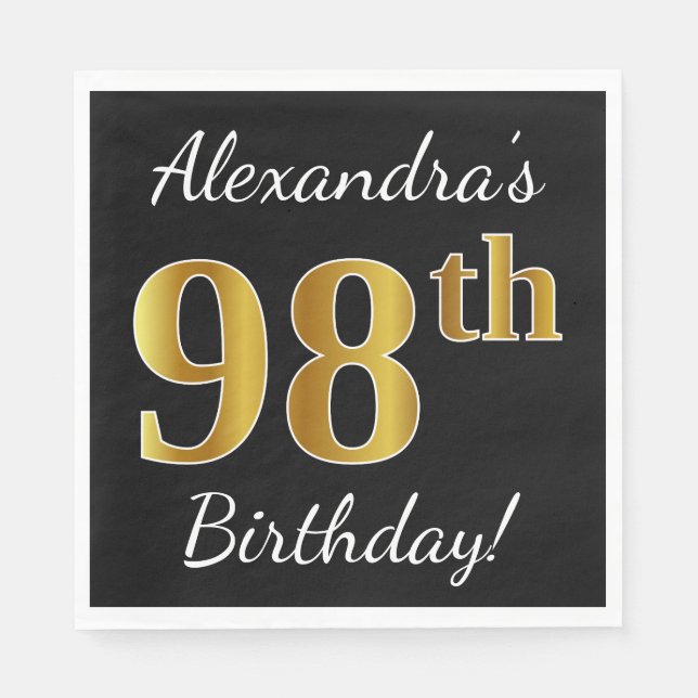 Black, Faux Gold 98th Birthday + Custom Name Paper Napkins (Front)