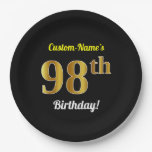 [ Thumbnail: Black, Faux Gold 98th Birthday + Custom Name Paper Plates ]