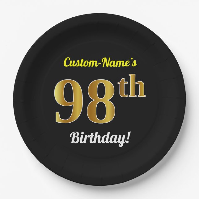 Black, Faux Gold 98th Birthday + Custom Name Paper Plates (Front)