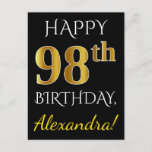[ Thumbnail: Black, Faux Gold 98th Birthday + Custom Name Postcard ]