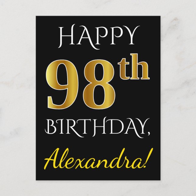 Black, Faux Gold 98th Birthday + Custom Name Postcard (Front)
