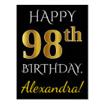 [ Thumbnail: Black, Faux Gold 98th Birthday + Custom Name Postcard ]