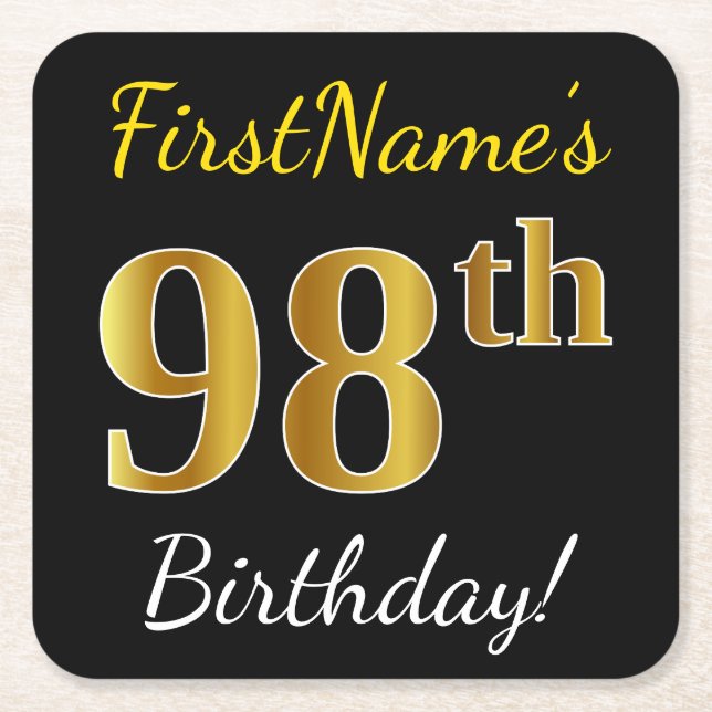 Black, Faux Gold 98th Birthday + Custom Name Square Paper Coaster (Front)