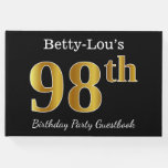 [ Thumbnail: Black, Faux Gold 98th Birthday Party + Custom Name Guest Book ]
