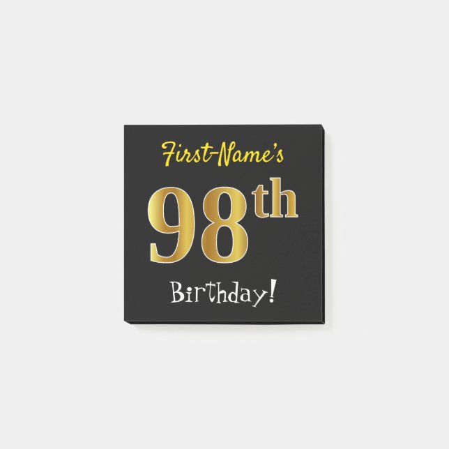 Black, Faux Gold 98th Birthday, With Custom Name Post-it Notes (Front)
