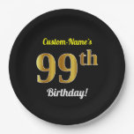 [ Thumbnail: Black, Faux Gold 99th Birthday + Custom Name Paper Plates ]