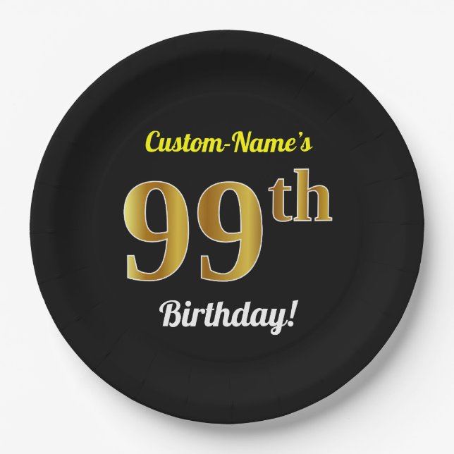 Black, Faux Gold 99th Birthday + Custom Name Paper Plates (Front)