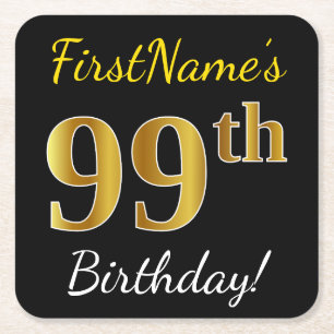 Black, Faux Gold 99th Birthday + Custom Name Square Paper Coaster