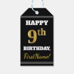 [ Thumbnail: Black, Faux Gold 9th Birthday + Custom Name Gift Tags ]