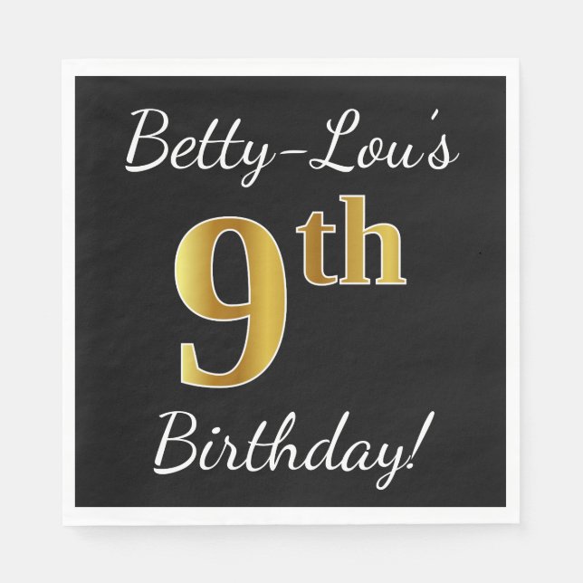 Black, Faux Gold 9th Birthday + Custom Name Paper Napkins (Front)