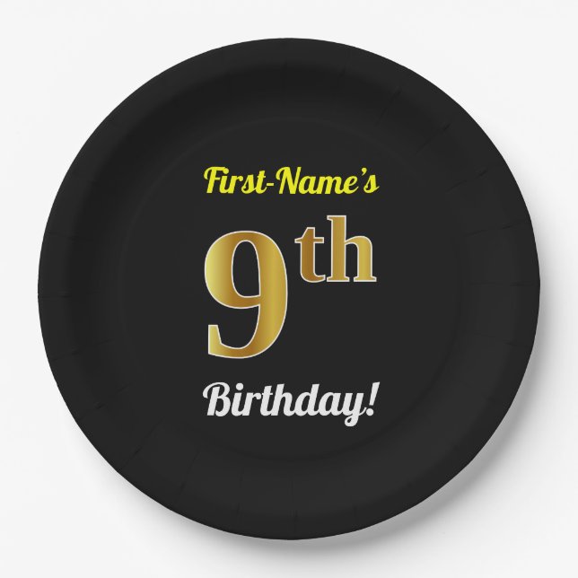 Black, Faux Gold 9th Birthday + Custom Name Paper Plates (Front)
