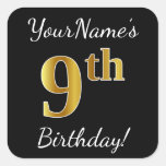 [ Thumbnail: Black, Faux Gold 9th Birthday + Custom Name Sticker ]