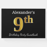 [ Thumbnail: Black, Faux Gold 9th Birthday Party + Custom Name Guest Book ]