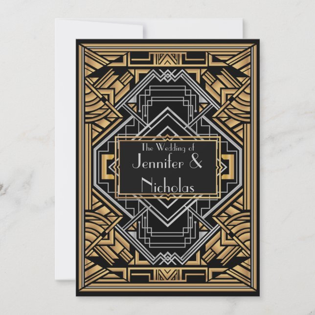 Black, Faux Gold  and Silver Art Deco Gatsby Style Invitation (Front)