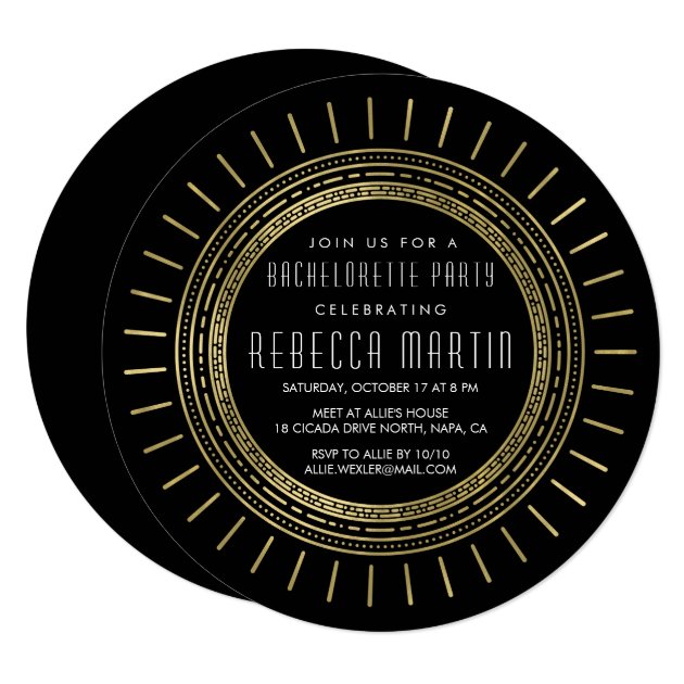 Black & Faux Gold Art Deco Bachelorette Party Invitation