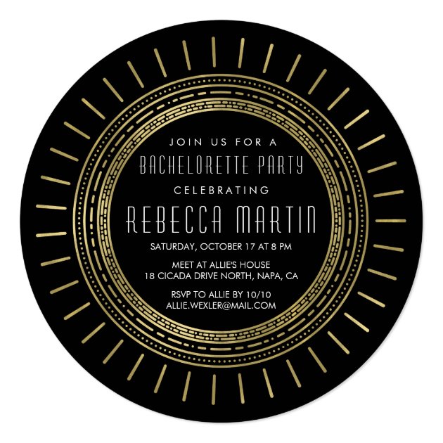 Black & Faux Gold Art Deco Bachelorette Party Invitation
