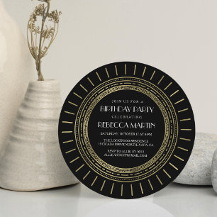 Black & Faux Gold Art Deco Birthday Party Invitation