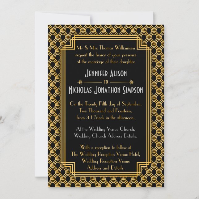 Black Faux Gold Art Deco Fans Pattern Wedding Invitation (Front)