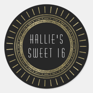 Black & Faux Gold Art Deco Style Sweet Sixteen Classic Round Sticker